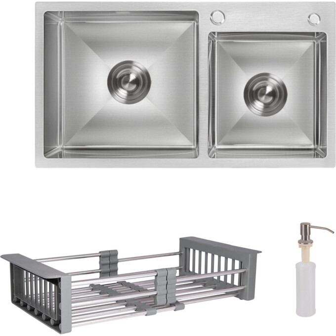 Мийка для кухні Lidz Handmade H7843 Brushed Steel LDH7843BRU3538747525 (78x43 см, брашована сталь, 3.0/1.0 мм, з кошиком, сифоном та дозатором), фото 