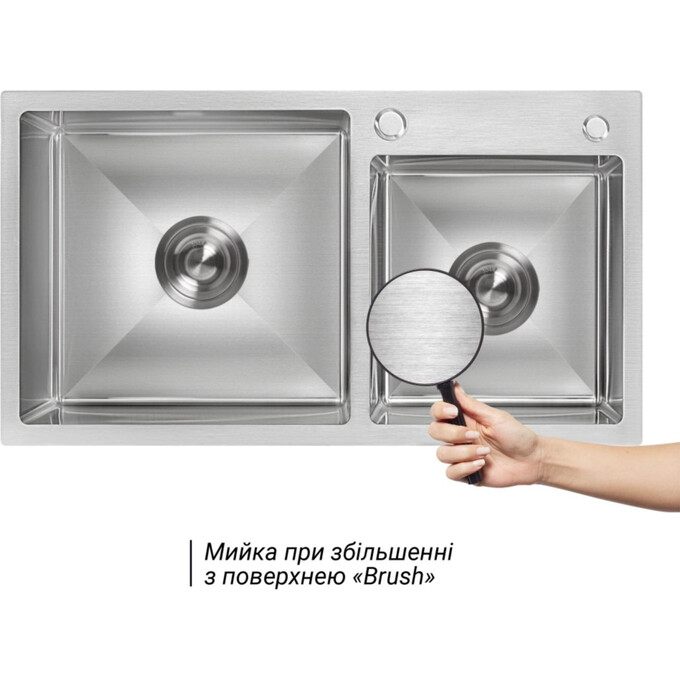 Мийка для кухні Lidz Handmade H7843 Brushed Steel LDH7843BRU3538747525 (78x43 см, брашована сталь, 3.0/1.0 мм, з кошиком, сифоном та дозатором), фото , изображение 6
