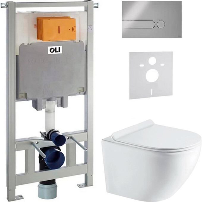 Комплект унитаз с инсталляцией 4 в 1: подвесной унитаз с сиденьем Koller Pool Round Smart RN-0490-RQ3 + инсталляция Oli 80 885342 + клавиша смыва Oli Iplate 670004 + звукоизоляционная прокладка, фото 