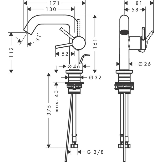 Змішувач для умивальника Hansgrohe Tecturis S Chrome 73323000 (хром, з донним клапаном), Колір виробника: хром, фото , изображение 3