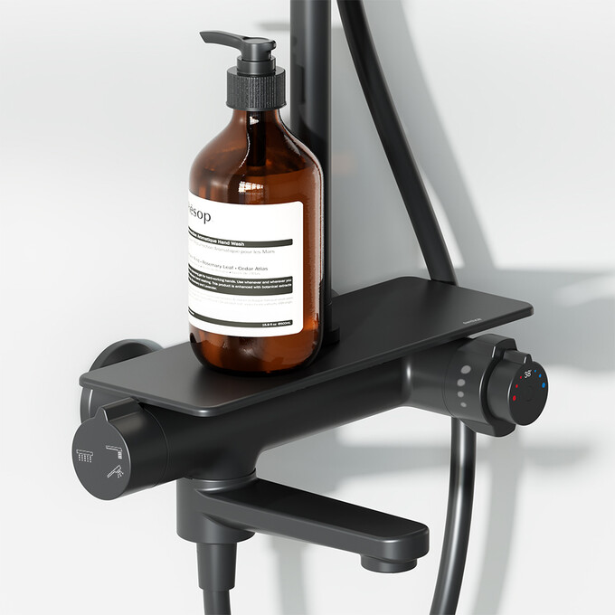 Душевая система с термостатом Damixa Jupiter 977760300 (черная матовая, с полкой и изливом), Цвет производителя: черный матовый, фото 5