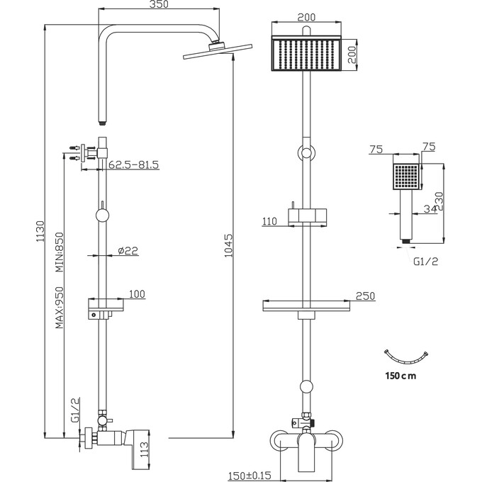 Душова система Ferro Algeo Square Chrome NP74-BAQ7U (з полицею), фото , изображение 2
