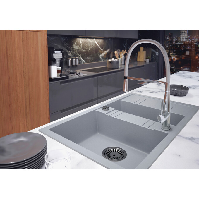 Мойка для кухни Ferro Mezzo II Grey DRGM3/48/79GA (79x48 см, серая, с фруктовницей, с сифоном и клапаном-автоматом), Доступные размеры: 79 x 48, Цвет производителя: серый, фото 2