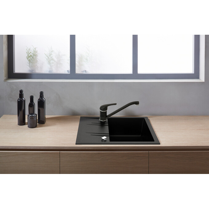 Мийка для кухні Ferro Mezzo II Graphite Shine DRGM48/58HA (58x48 см, графітова глянсова, з сифоном та клапаном-автоматом), Доступні розміри: 58 x 48, Колір виробника: графіт глянсовий, фото , изображение 2