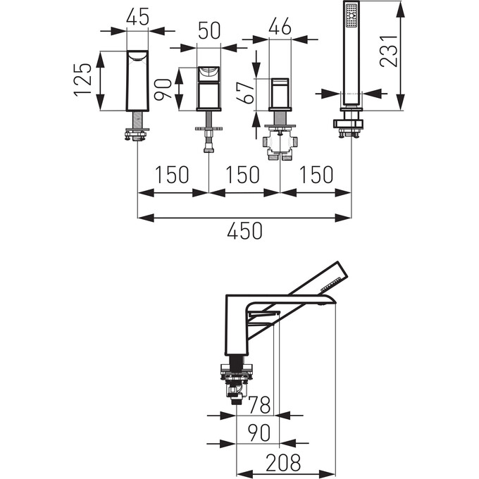 Смеситель на борт ванны Ferro Adore Black Matt/Chrome BDR11ABLC (черный матовый/хром, на четыре отверстия), фото 4