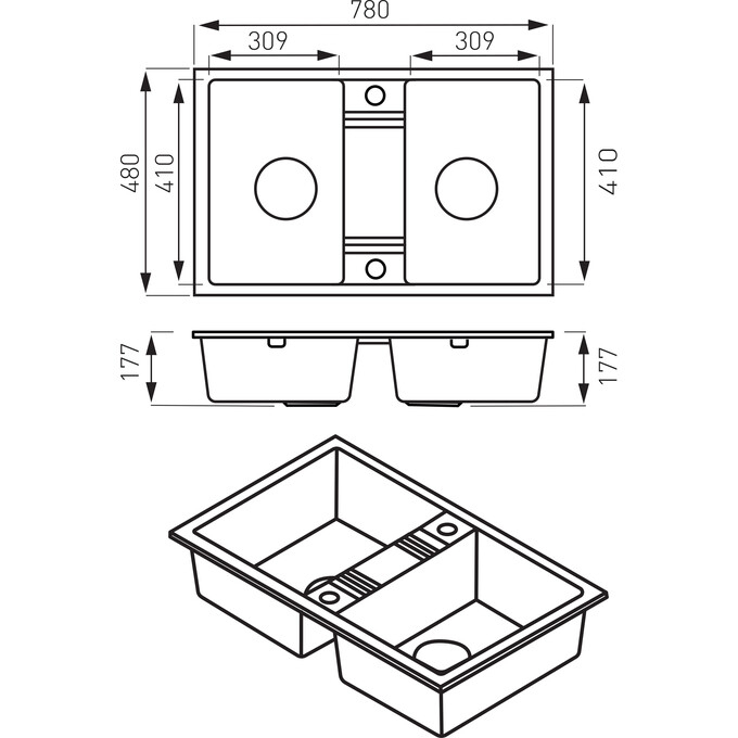 Мийка для кухні Ferro Mezzo II Graphite DRGM2/48/78BA (78x48 см, графітова, з сифоном та клапаном-автоматом), Доступні розміри: 78 x 48, Колір виробника: графіт, фото , изображение 2