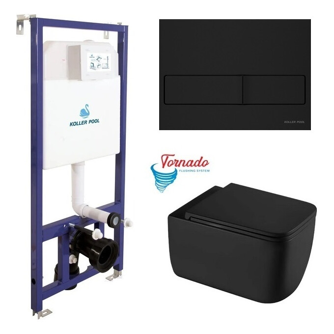 Комплект унитаз с инсталляцией 3 в 1: подвесной унитаз с сиденьем Koller Pool Kvadro Start KS-0530-QW-MB + инсталляция Koller Pool Dune 1200SL KP-112-001 + клавиша смыва Neon KP-226-17, фото 