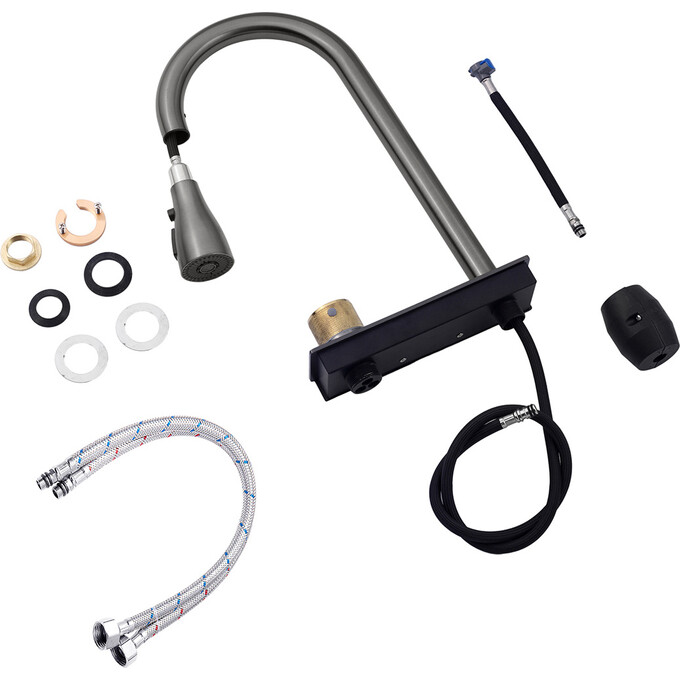 Кухонная мойка со смесителем и краном Kroner KRP Schwarze Graphite Schwarze-SET7545NBPVD (75x46 см, 3.0/0.8 мм, с доской, двумя коландероми, ополаскивателем для стаканов, дозатором и сифоном), фото 12