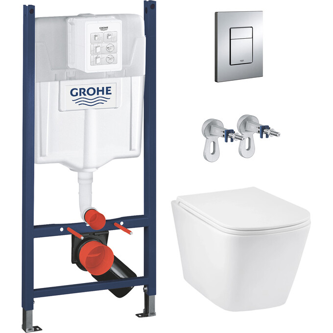 Комплект унитаз с инсталляцией 4 в 1 3884966KE493436T: подвесной унитаз с сиденьем Kroner Eifel Tornado WHI493436 + инсталляция Grohe Solido 3884966Q + клавиша смыва Grohe Even 38966000, фото 