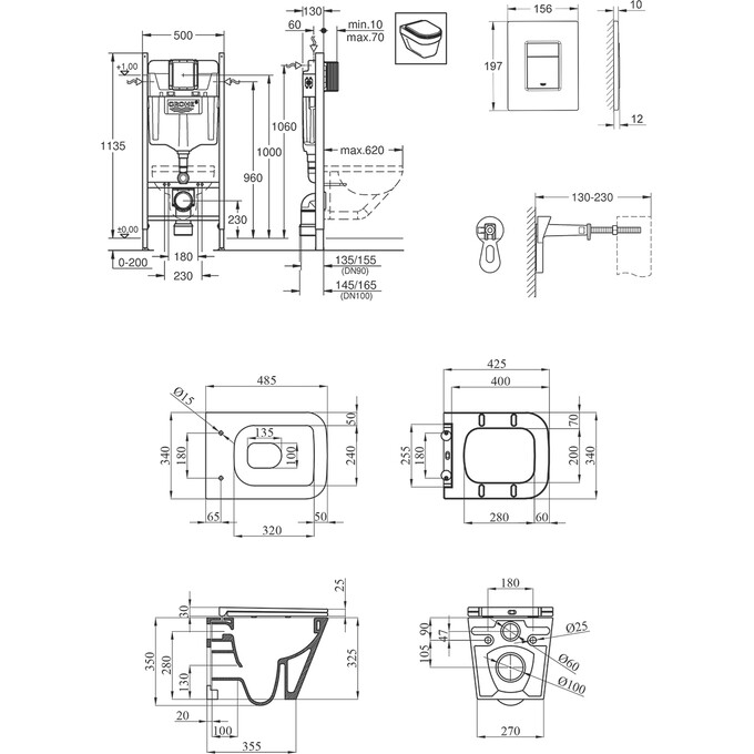 Комплект унитаз с инсталляцией 4 в 1 3884966KE493436T: подвесной унитаз с сиденьем Kroner Eifel Tornado WHI493436 + инсталляция Grohe Solido 3884966Q + клавиша смыва Grohe Even 38966000, фото 16