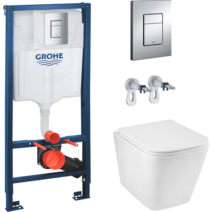 Комплект унитаз с инсталляцией 3 в 1 38772001KE493436T: подвесной унитаз с сиденьем Kroner Eifel Tornado WHI493436 + инсталляция Grohe Rapid SL 38772001 + клавиша смыва Grohe Skate Cosmopolitan 38732000, фото 