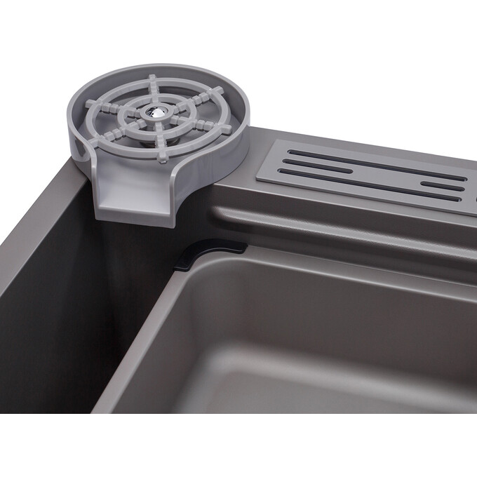 Кухонная мойка со смесителем и краном Kroner KRP Schwarze Grey Matt Schwarze-SET7545NGPVD (75x46 см, 3.0/0.8 мм, с доской, двумя коландероми, ополаскивателем для стаканов, дозатором и сифоном), фото 7