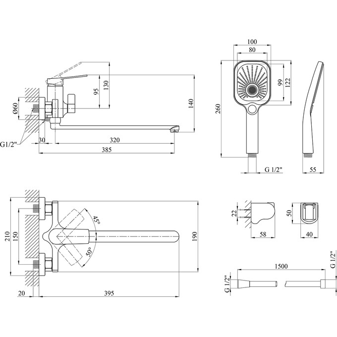 Смеситель для ванны Kroner KRP Makon Graphite Matt KRP Makon-GRP070 (матовый графит, с лейкой и шлангом), Цвет производителя: матовый графит, фото 8