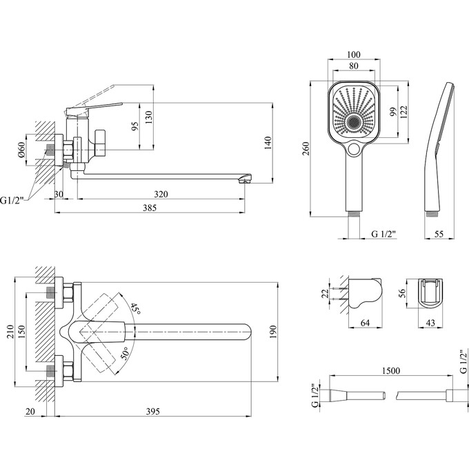 Смеситель для ванны Kroner KRP Makon Chrome KRP Makon-C070 (хром, с лейкой и шлангом), Цвет производителя: хром, фото 8