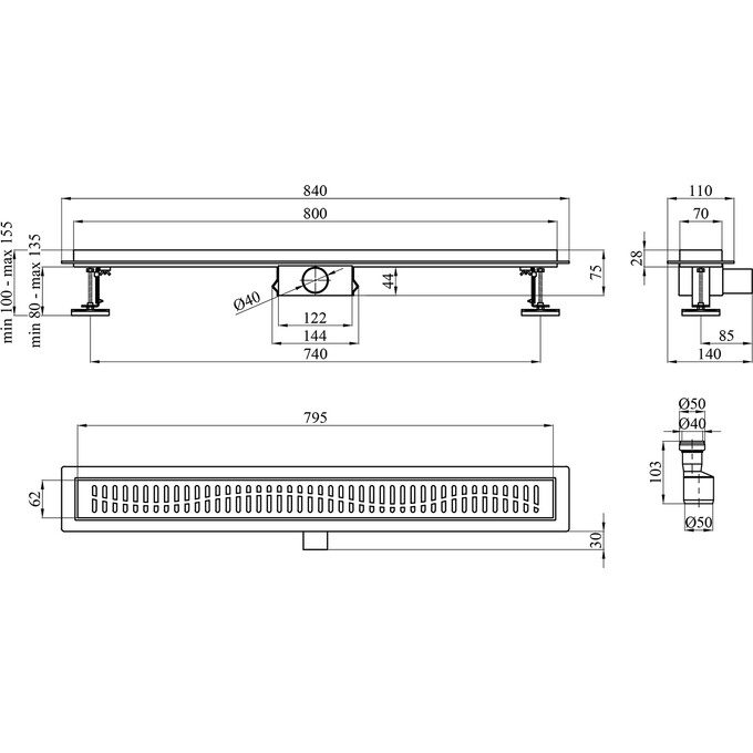 Душевой трап Kroner KRP Eifel W80 Welle Eifel-W80Welle (80 см, нержавейка), Цвет производителя: нержавейка, Доступные размеры: 80, фото 4