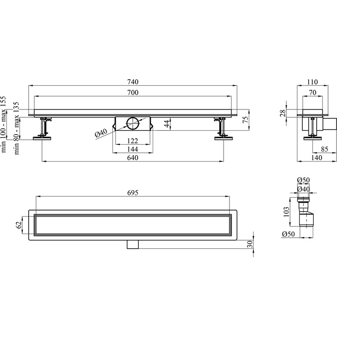 Душевой трап Kroner KRP Eifel F70 Fliese Eifel-F70Fliese (70 см, нержавейка), Цвет производителя: нержавейка, Доступные размеры: 70, фото 4