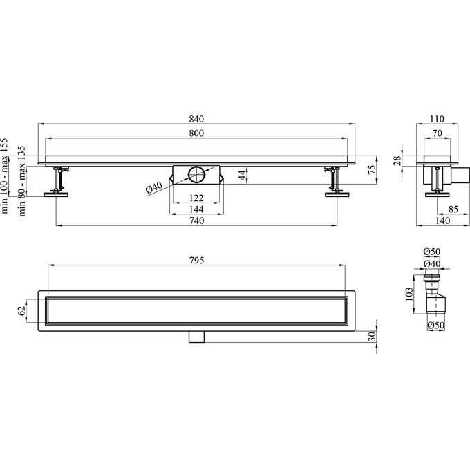 Душевой трап Kroner KRP Eifel F80 Fliese Eifel-F80Fliese (80 см, нержавейка), Цвет производителя: нержавейка, Доступные размеры: 80, фото 4
