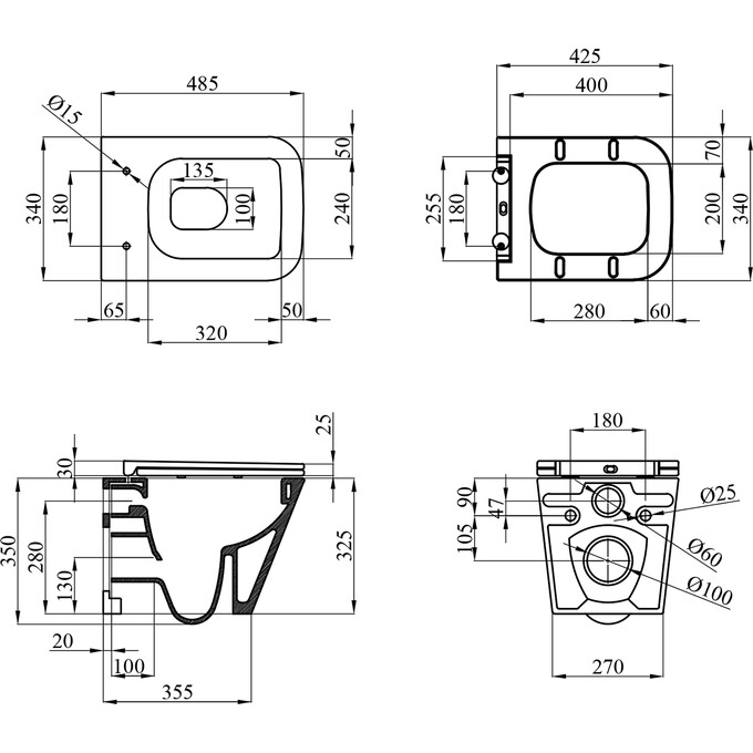 Безободковый подвесной унитаз Kroner Eifel Tornado WHI493436 (EifelWHI493436, с сиденьем), фото 12