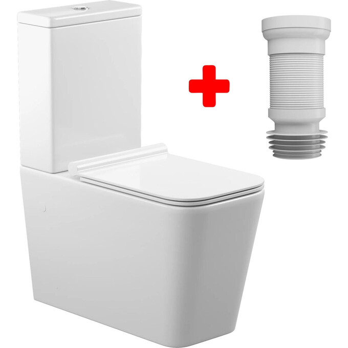 Безободковый унитаз-компакт Koller Pool Kvadro 1810550199+1050680199 (KR-0675-RC-C+KR-0675-RC-T+KP-6001, с сиденьем и гибкой подводкой), фото 