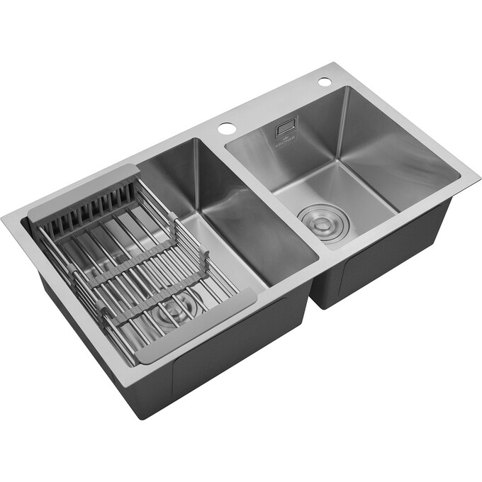 Подвійна кухонна мийка Kroner KRP Gebürstet 7843ZHM (Geburstet-7843ZHM, 78x43 см, 3.0/1.0 мм, з коландером та сифоном), фото , изображение 2