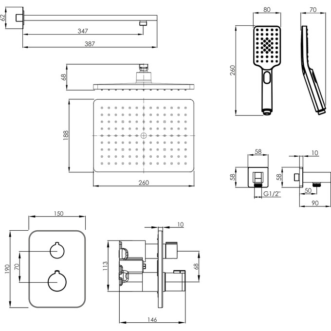 Душевая система с термостатом Imprese Bilovec Black Matt t04800910SQС (черная матовая, скрытого монтажа), Цвет производителя: черный матовый, фото 5