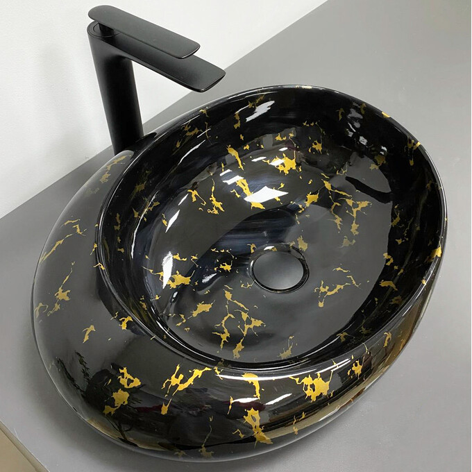 Умивальник VBI Riccia Black Marmo Glossy VBI-017201 (51x41 см, чорний мармур глянсовий, чаша), Доступні розміри: 51 x 41, Колір виробника: чорний мармур глянсовий, фото 