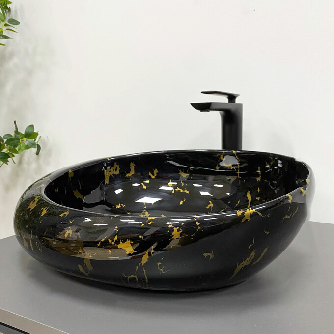 Умивальник VBI Riccia Black Marmo Glossy VBI-017201 (51x41 см, чорний мармур глянсовий, чаша), Доступні розміри: 51 x 41, Колір виробника: чорний мармур глянсовий, фото , изображение 2