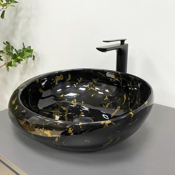 Умивальник VBI Riccia Black Marmo Glossy VBI-017201 (51x41 см, чорний мармур глянсовий, чаша), Доступні розміри: 51 x 41, Колір виробника: чорний мармур глянсовий, фото , изображение 3