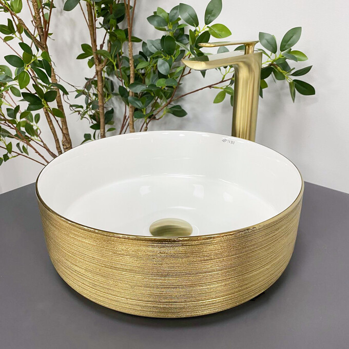 Умивальник VBI Prato White/Brush Gold VBI-011408 (36 см, білий глянсовий/брашований золотий, чаша), Доступні розміри: 36 x 36, Колір виробника: білий глянець, золото брошене, фото 