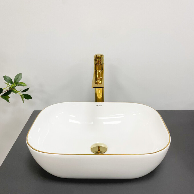 Умивальник VBI Ravenna White Glossy/Gold Edge VBI-011218 (46x32 см, білий глянсовий/золотий, чаша), Доступні розміри: 45 x 32, Колір виробника: білий глянець, золото, фото , изображение 2