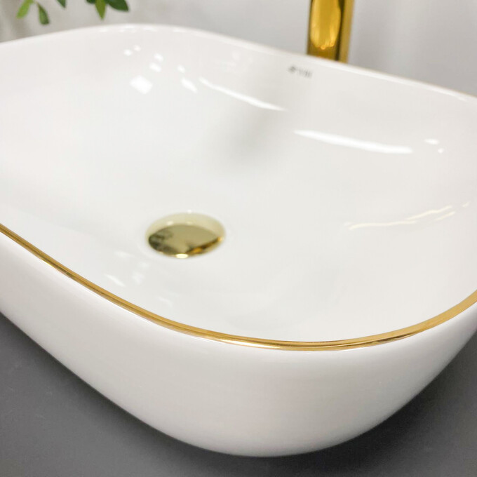 Умивальник VBI Ravenna White Glossy/Gold Edge VBI-011218 (46x32 см, білий глянсовий/золотий, чаша), Доступні розміри: 45 x 32, Колір виробника: білий глянець, золото, фото , изображение 3