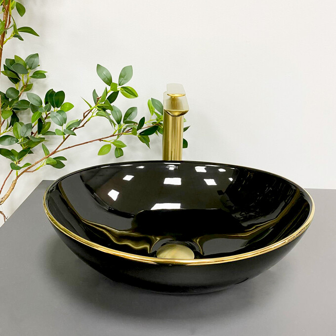 Умивальник VBI Parma Black/Gold Edge VBI-011012 (42x34 см, чорний глянсовий/золотий, чаша), Доступні розміри: 42 x 34, Колір виробника: чорний глянець, золото, фото , изображение 2