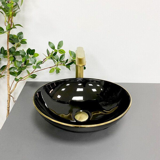 Умивальник VBI Parma Black/Gold Edge VBI-011012 (42x34 см, чорний глянсовий/золотий, чаша), Доступні розміри: 42 x 34, Колір виробника: чорний глянець, золото, фото , изображение 3