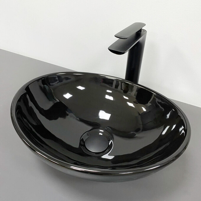 Умивальник VBI Parma Black Glossy VBI-011021 (42x34 см, чорний глянсовий, чаша), Доступні розміри: 42 x 34, Колір виробника: чорний глянець, фото 