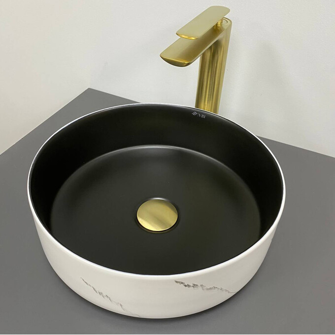 Умывальник VBI Prato White Black/Marble Matt VBI-011409 (36 см, черный матовый/мрамор матовый, чаша), Доступные размеры: 36 x 36, Цвет производителя: черный матовый, мрамор матовый, фото 