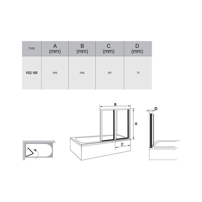 Стеклянная шторка для ванны Ravak Supernova VS2 105 (796M0100Z1, 105x140 см, стекло прозрачное, профиль белый), Доступные размеры: 105 x140, Цвет производителя: прозрачное стекло, отделка белая, фото 3