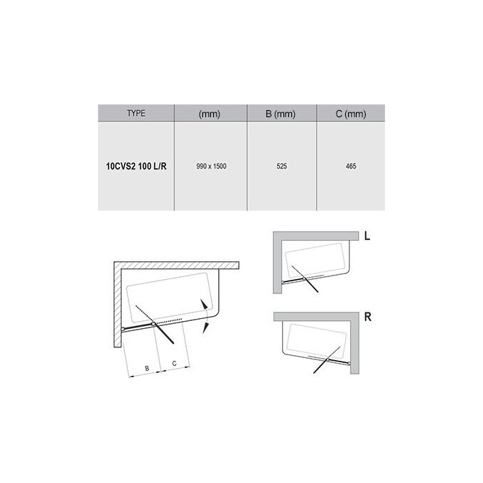 Стеклянная шторка для ванны Ravak 10° 10CVS2-100 L (7QLA0C03Z1, 100x150 см, стекло прозрачное, профиль хром), Доступные размеры: 100 x 150 L, Цвет производителя: прозрачное стекло, отделка хром, фото 3
