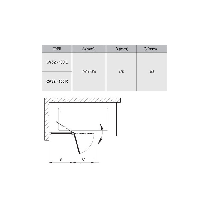 Стеклянная шторка для ванны Ravak Chrome CVS2-100 R (7QRA0U00Z1, 100x150 см, стекло прозрачное, профиль сатин), Доступные размеры: 100 x 150 R, Цвет производителя: прозрачное стекло, отделка сатин, фото 7