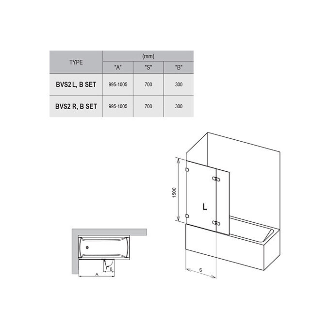 Стеклянная панель на ванну Ravak Brilliant BVS2-100 R (7UPA0A00Z1, 100х150 см, стекло прозрачное), фото 2