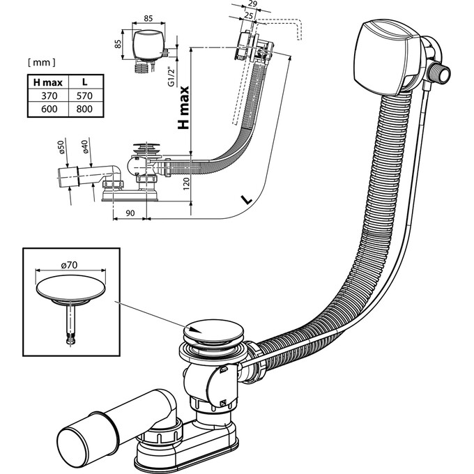 Сифон для ванны Ravak 570 C-C S/R chrome (X01440, с переливом, нажимной), фото 4