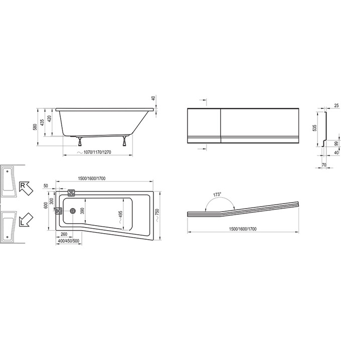Акриловая ванна Ravak BeHappy II C941000000 (170x75 см, левая), Доступные размеры: 170 x 75 L, фото 8