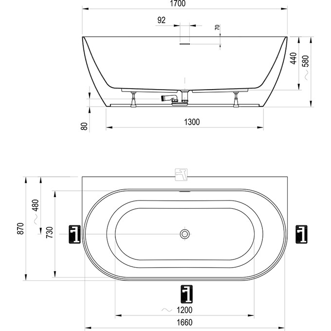 Акрилова ванна Ravak Freedom Wall Tec CE31000000 (170x87 см, пристінна, з ніжками та сифоном), Колір виробника: білий глянець, сифон хром, фото , изображение 5
