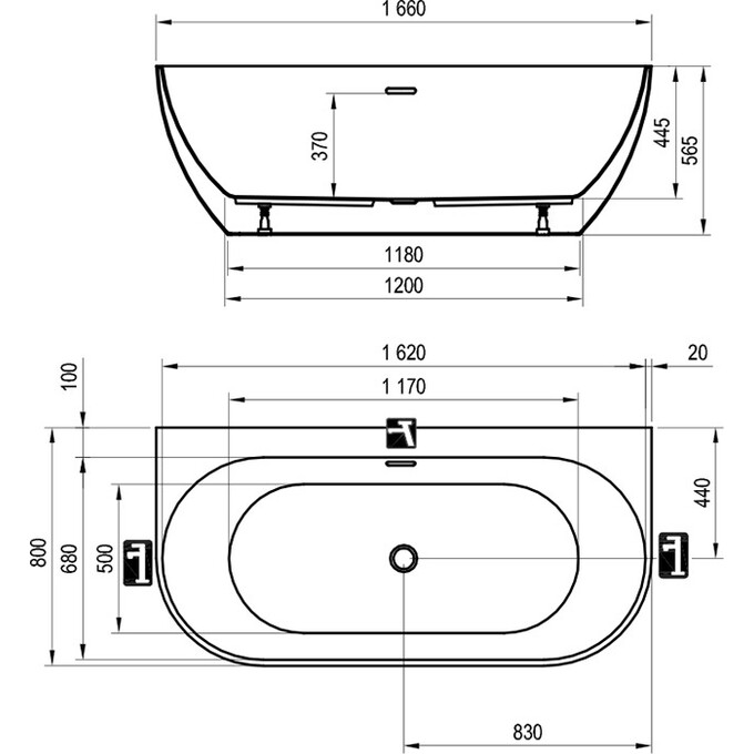 Акриловая ванна Ravak Freedom Wall Black/White XC00100027 (166x80 см, черная/белая, пристеннная, с ножками и сифоном), Цвет производителя: белый, черный, фото 5