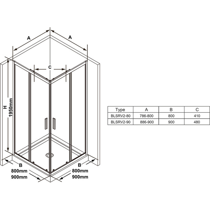 Душова кабіна Ravak Blix Slim BLSRV2-90 (X1LM70300Z1, 90x90 см, скло прозоре, профіль чорний), Доступні розміри: 90 x 90, Колір виробника: прозоре скло, обробка чорна, фото , изображение 5