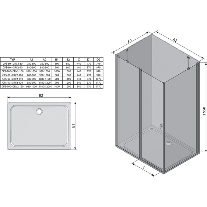 Душевая кабина CRV2+CPS 100x90 bright alu+transparent, Доступні розміри: 100 x 90, Колір виробника: прозоре скло, обробка хром, фото , изображение 8