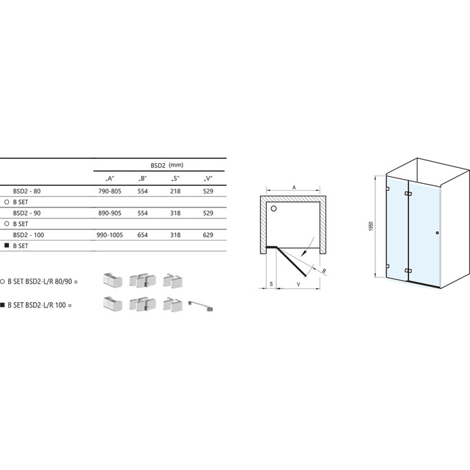 Душевые двери  Ravak Brilliant BSD2-100 R + B SET BSD2-R 100 (0ULAAA00Z1SET, 100 см, стекло прозрачное, крепления хром, правая), Доступные размеры: 100 R, Цвет производителя: прозрачное стекло, отделка хром, Расположение проема (входа): слева, фото 8