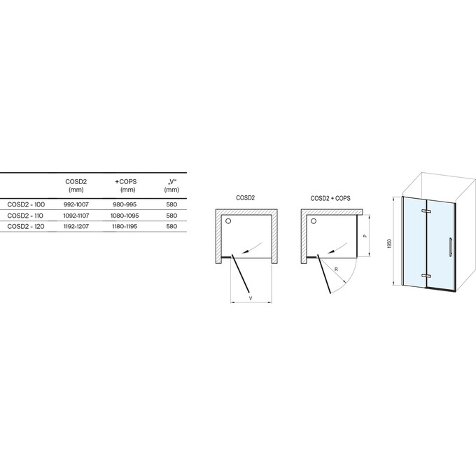 Душевые двери Ravak Cool! COSD2-110 (X0VVDC300Z1, 110 см, стекло прозрачное, профиль черный), Доступные размеры: 110, Цвет производителя: прозрачное стекло, отделка черная матовая, фото 6