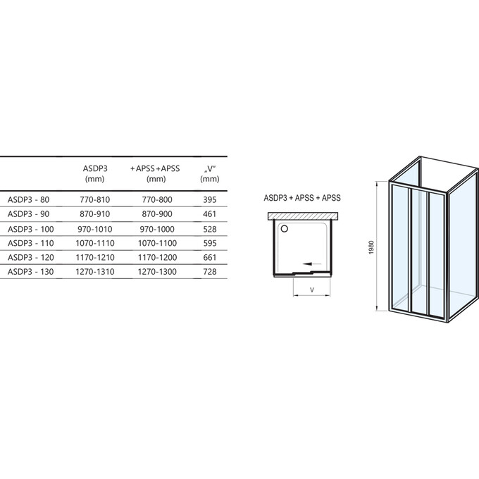 Душова кабіна Ravak Supernova ASDP3-90+APSS-90+APSS-90 (00V701R2Z1SET902XAPSS90, 90x90 см, прозоре скло, профіль білий), Доступні розміри: 90 x 90, Колір виробника: прозоре скло, обробка біла, фото , изображение 6