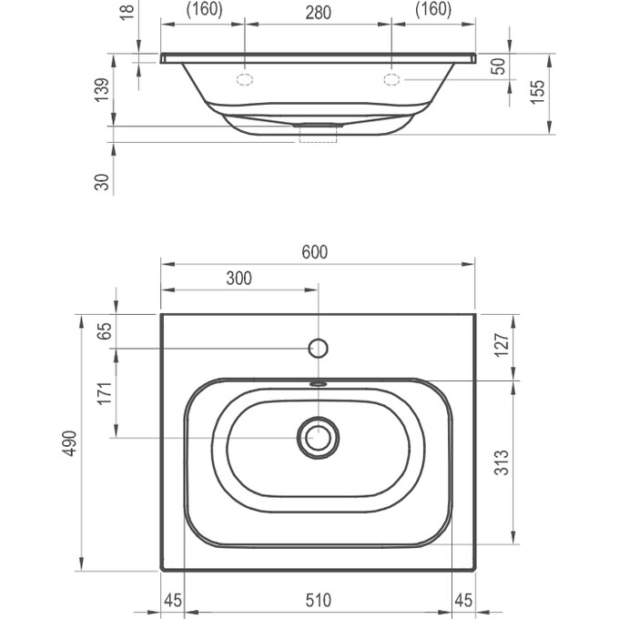 Умывальник Ravak Chrome 600 Slim XJG01160001 (60x49 см, белый), Доступные размеры: 60 x 49, Цвет производителя: белый глянец, фото 10