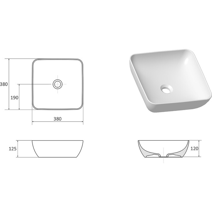 Умывальник Ravak Uni Slim 380 S XJX01138001 (38x38 см, белый глянцевый, чаша), фото 5